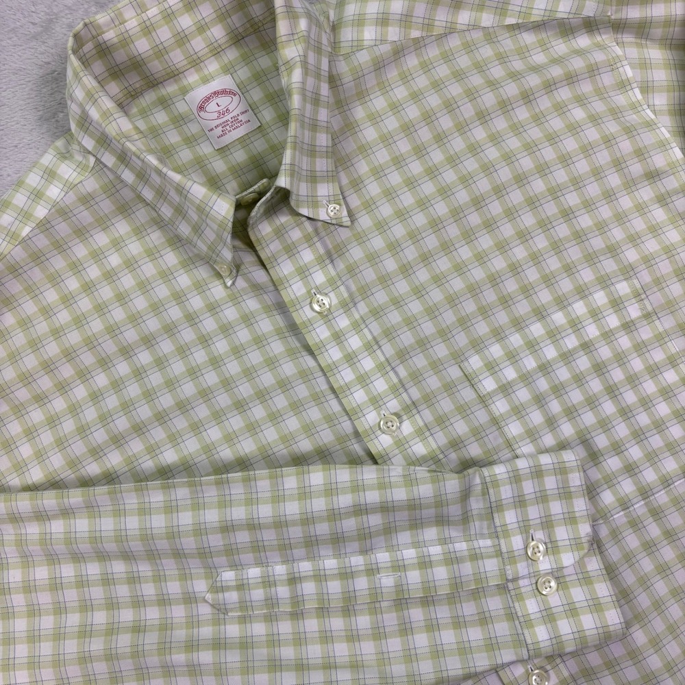 Brooks Brothers Mens Shirt Large Green‎ Check Non-Iron Cotton Button Down 346